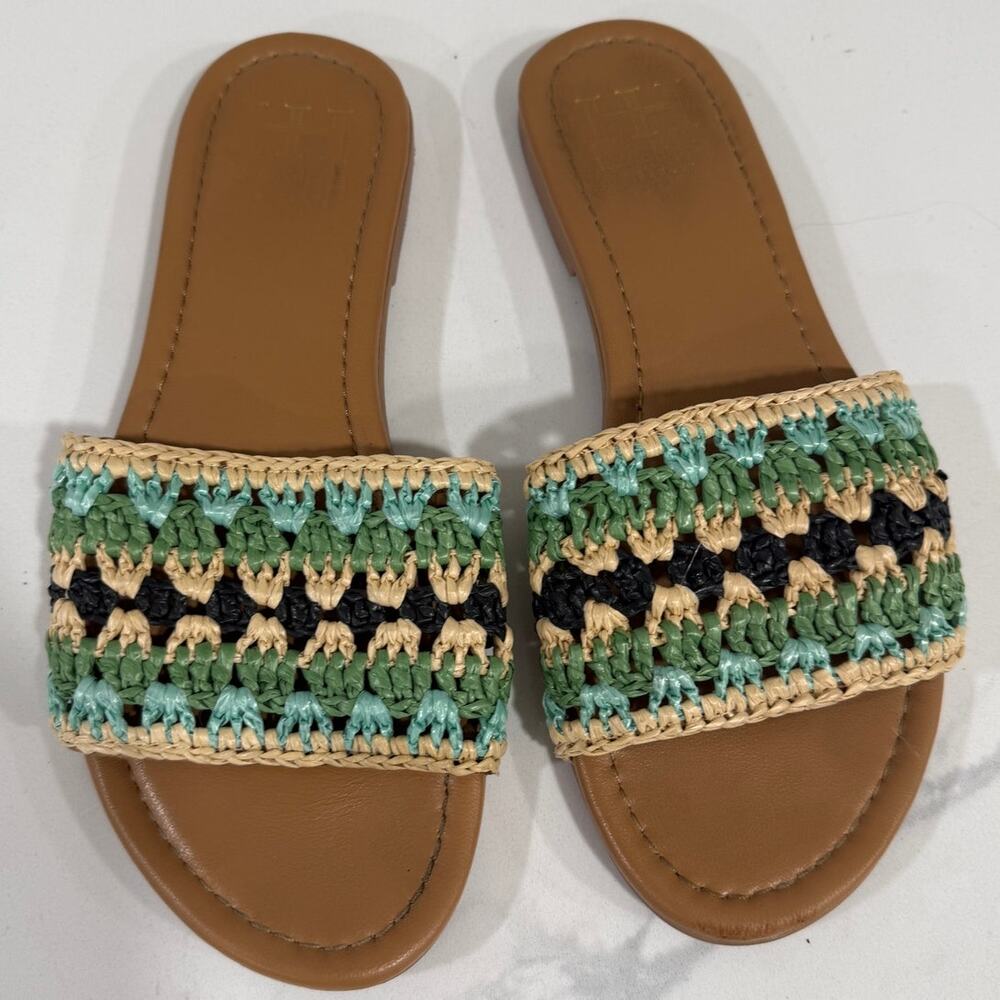 Haute Hippie Woven Slide Sandals Size 7 Green Black Aqua Tan Boho Coastal Resort